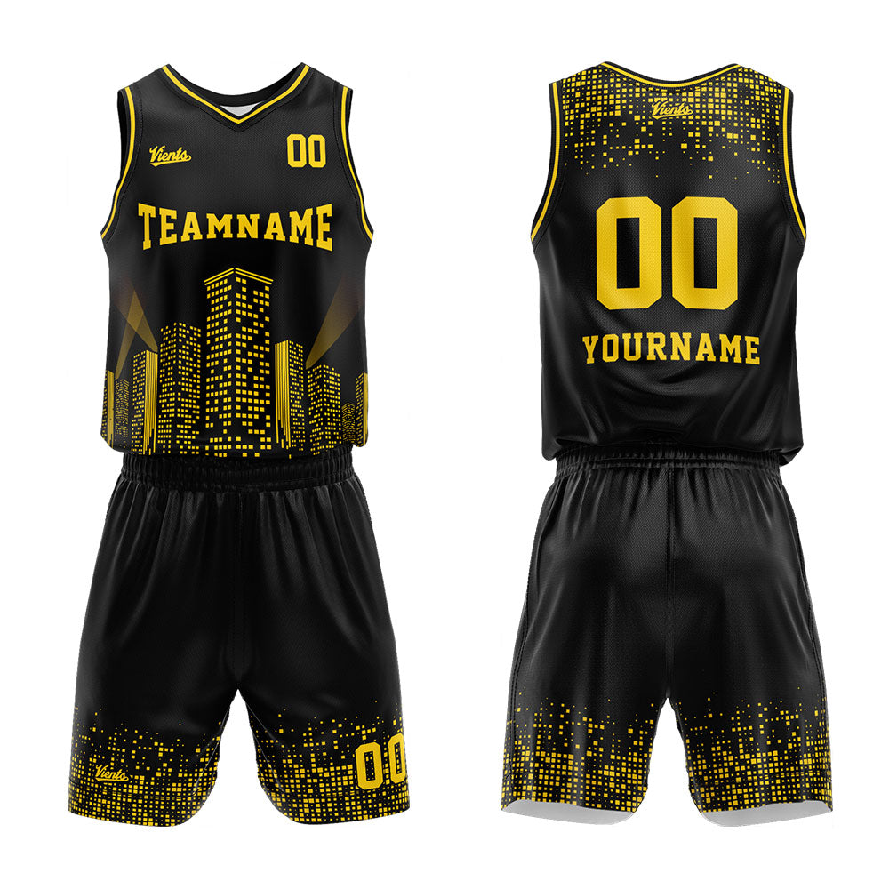 Uniforme de baloncesto personalizado con vista nocturna negra-estampado con tu logotipo-nombre y número