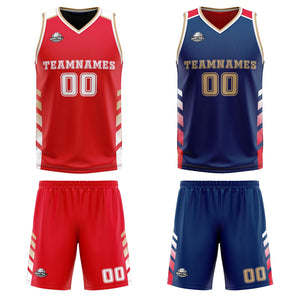 Traje de baloncesto reversible personalizado rojo-azul marino y dorado para adultos y niños