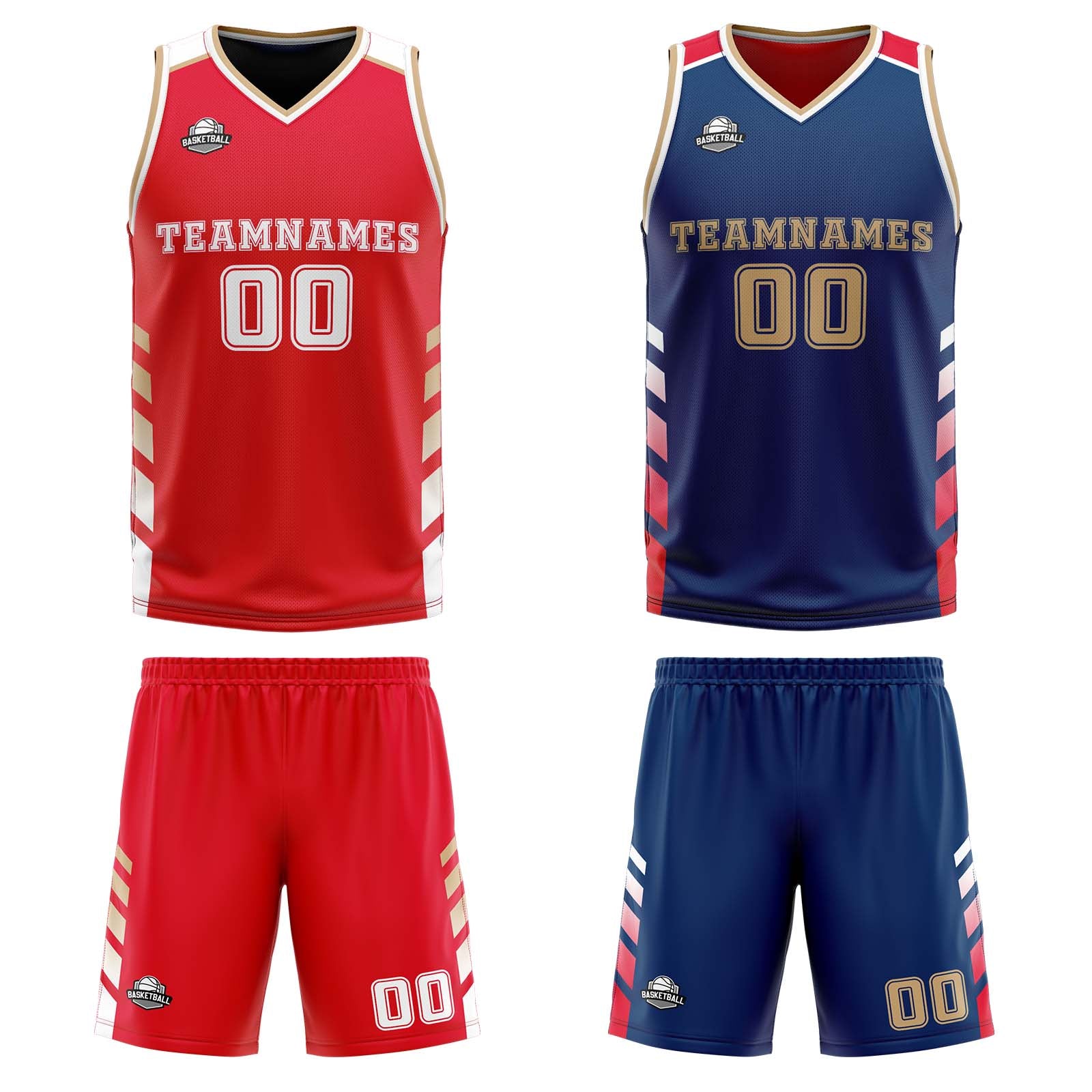 Traje de baloncesto reversible personalizado rojo-azul marino y dorado para adultos y niños