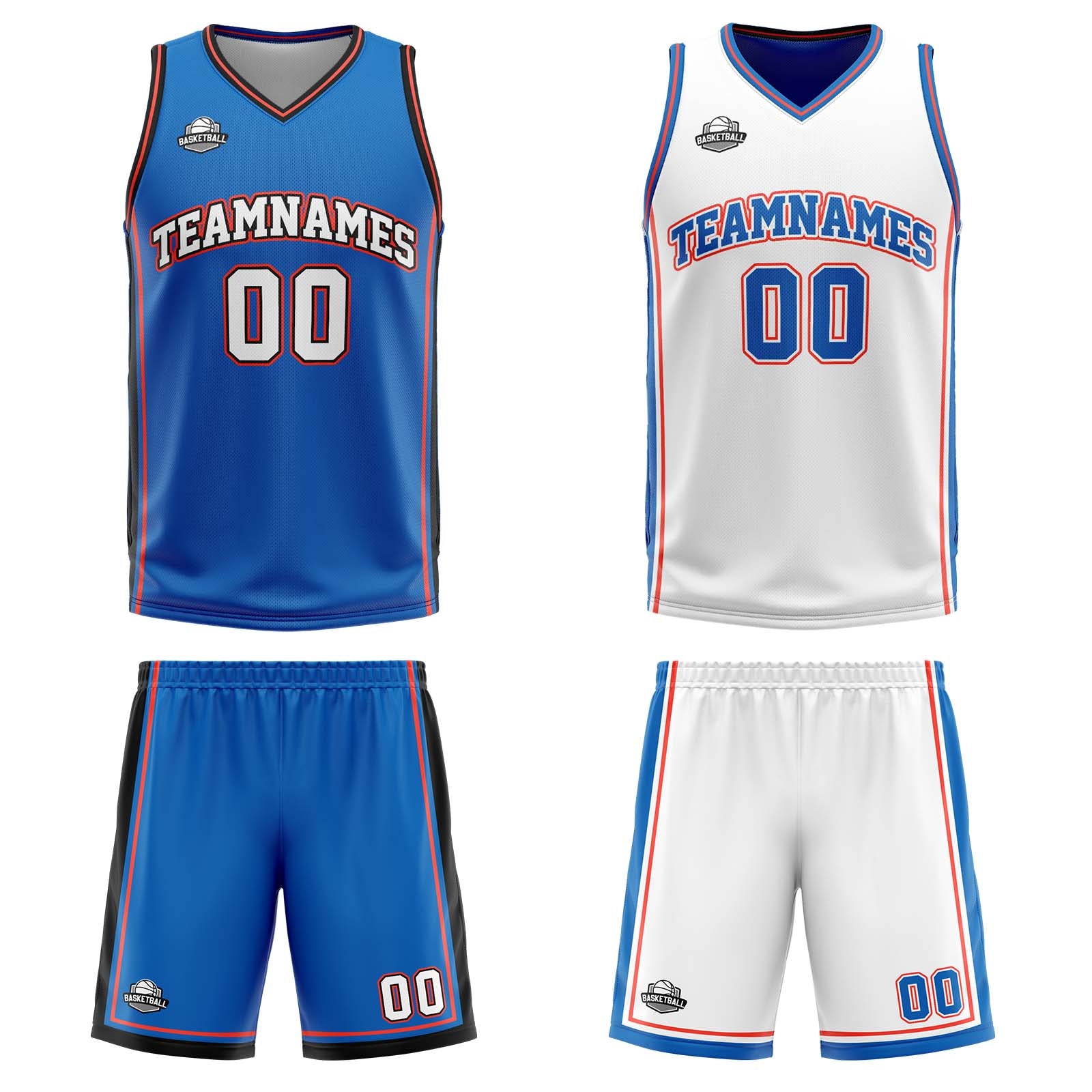 Traje de baloncesto reversible azul-blanco y naranja personalizado para adultos y niños
