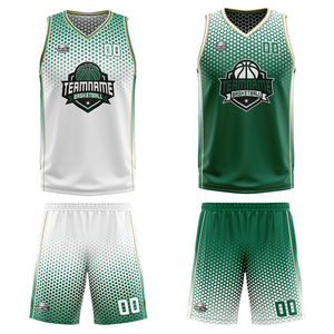 Traje de baloncesto reversible blanco y verde personalizado para adultos y niños