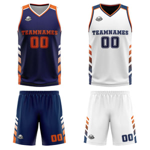 Traje de baloncesto reversible personalizado azul marino-blanco y naranja para adultos y niños