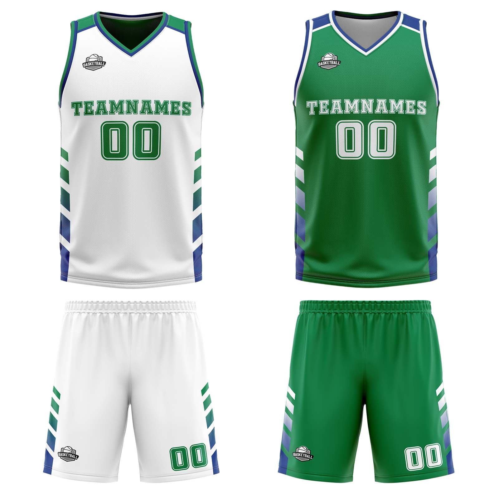 Traje de baloncesto reversible blanco y verde personalizado para adultos y niños