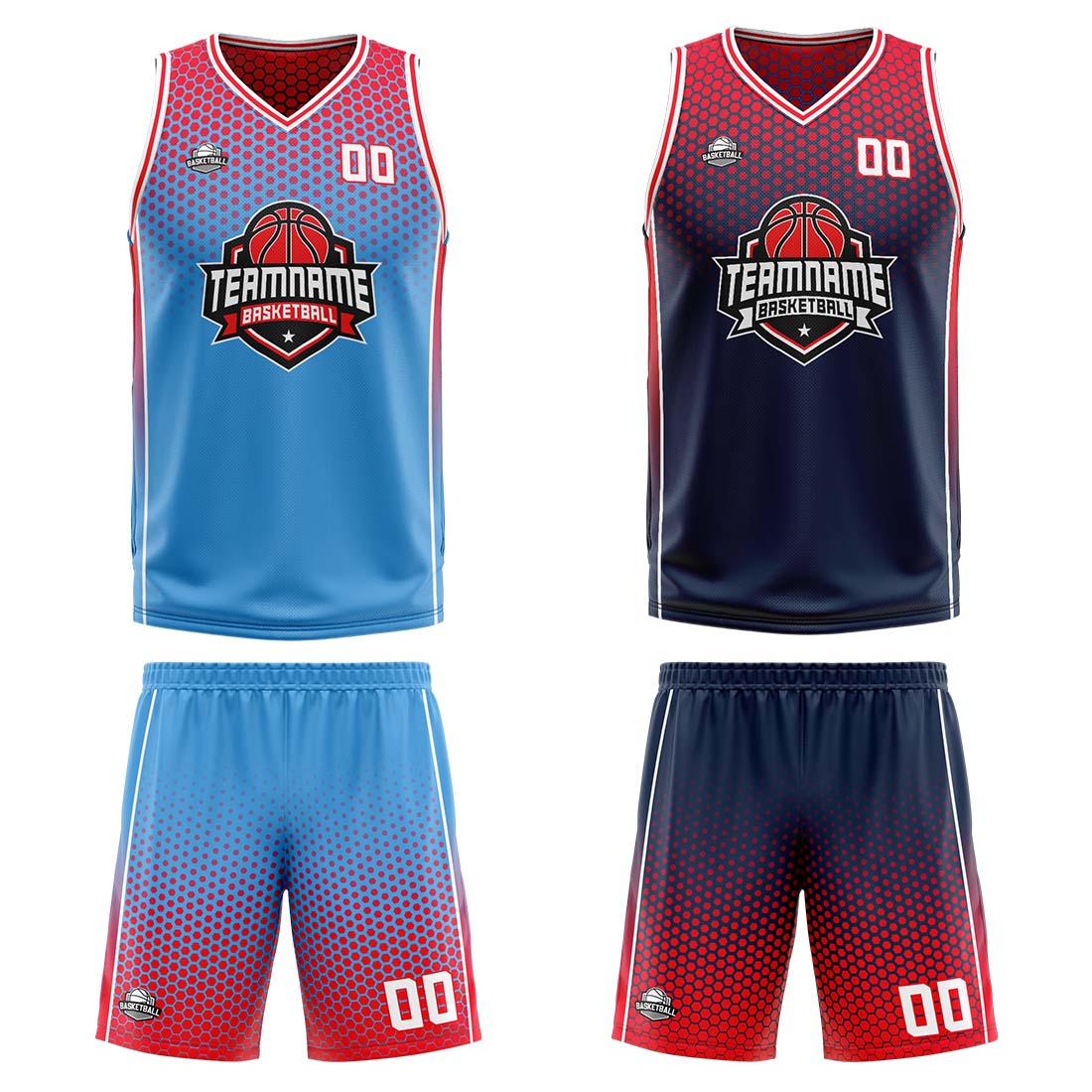 Traje de baloncesto reversible azul marino y rojo personalizado para adultos y niños