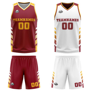 Traje de baloncesto reversible personalizado en burdeos-blanco y amarillo para adultos y niños