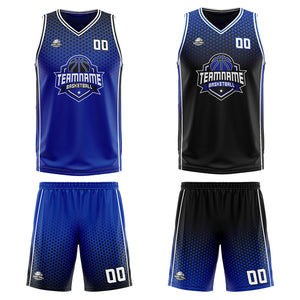 Traje de baloncesto reversible azul-negro y blanco personalizado para adultos y niños