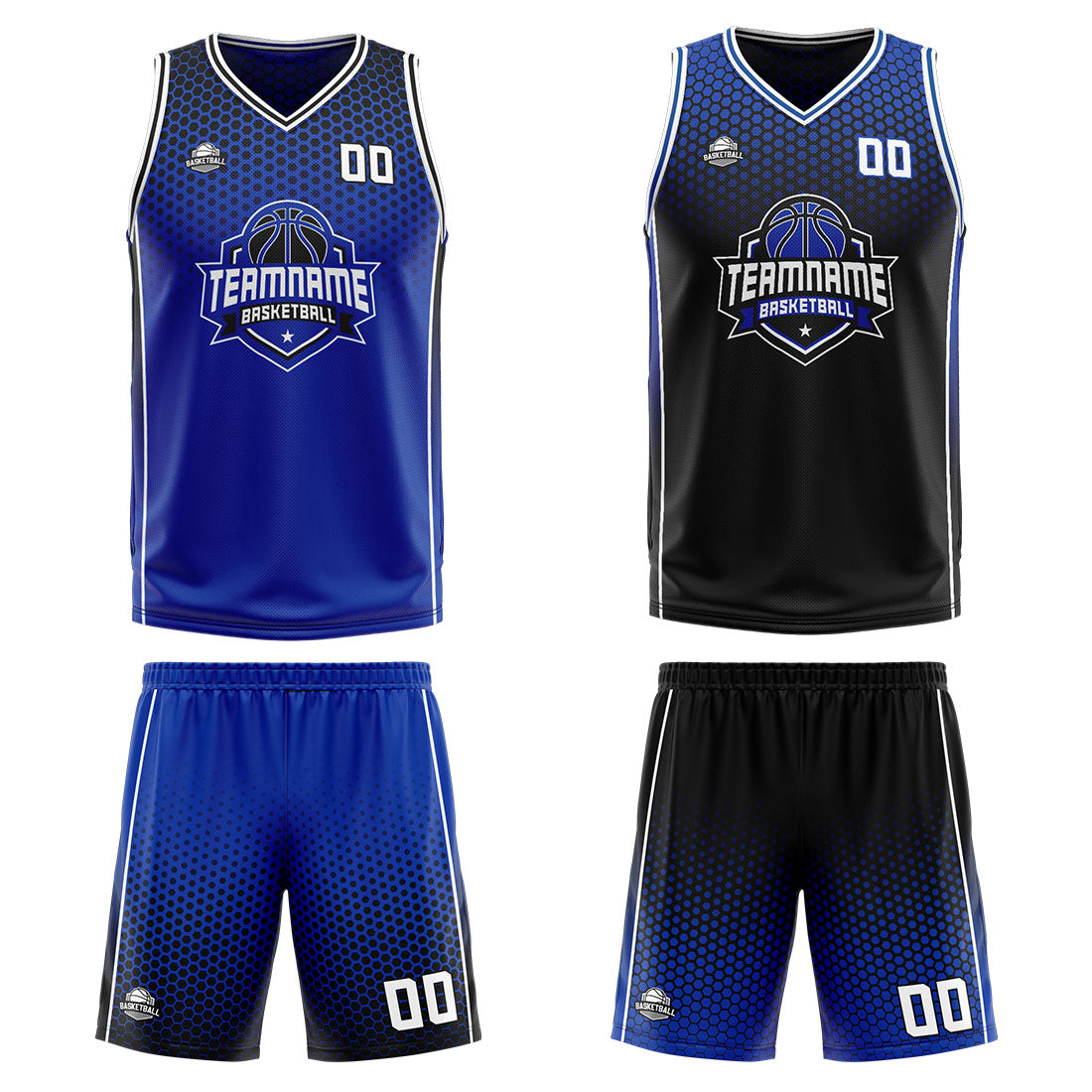 Traje de baloncesto reversible azul-negro y blanco personalizado para adultos y niños