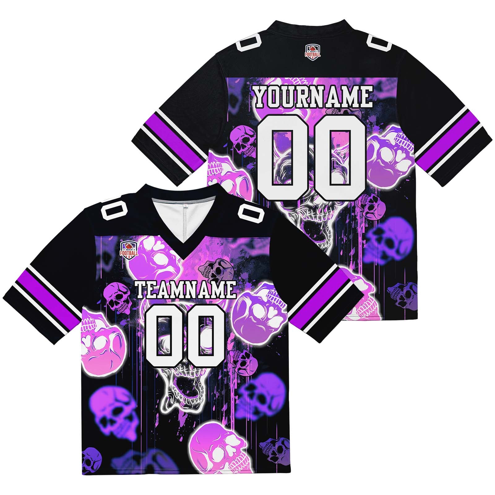 Camiseta de fútbol personalizada con nombre y número del equipo bordados y estampados-estilo grafiti con calavera -Morado