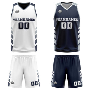 Traje de baloncesto reversible personalizado blanco-azul marino y gris para adultos y niños