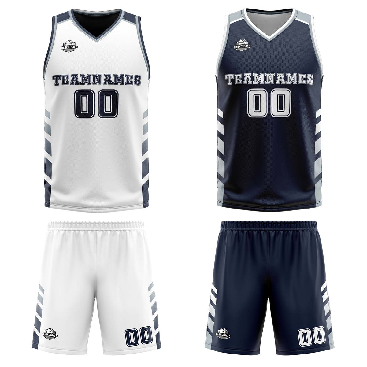 Traje de baloncesto reversible personalizado blanco-azul marino y gris para adultos y niños
