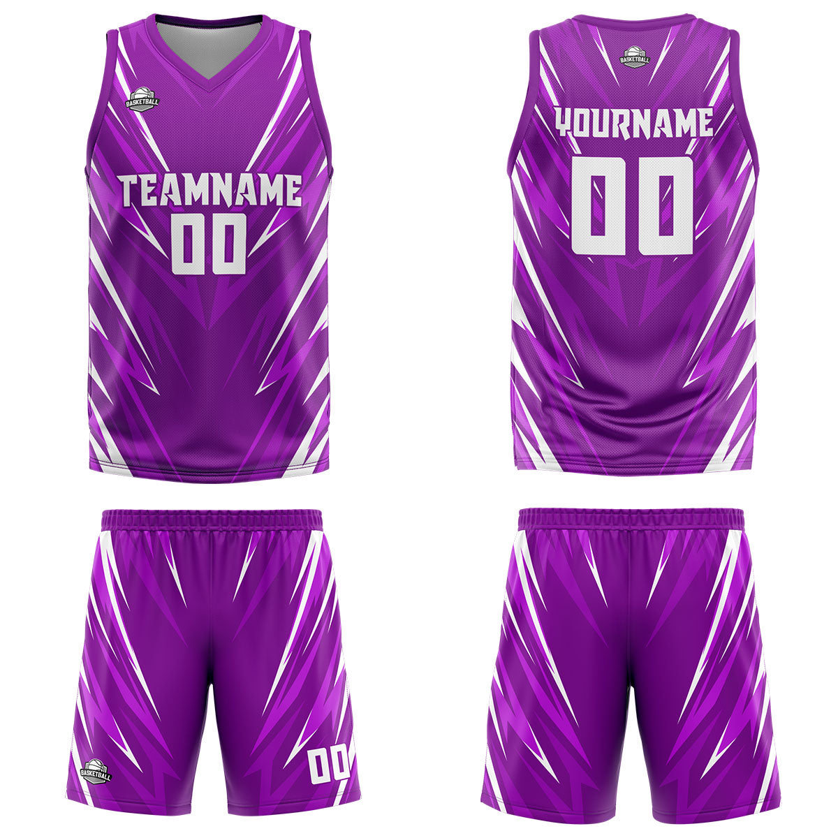 Uniforme de baloncesto personalizado con triángulo morado y estampado de tu logotipo-nombre y número