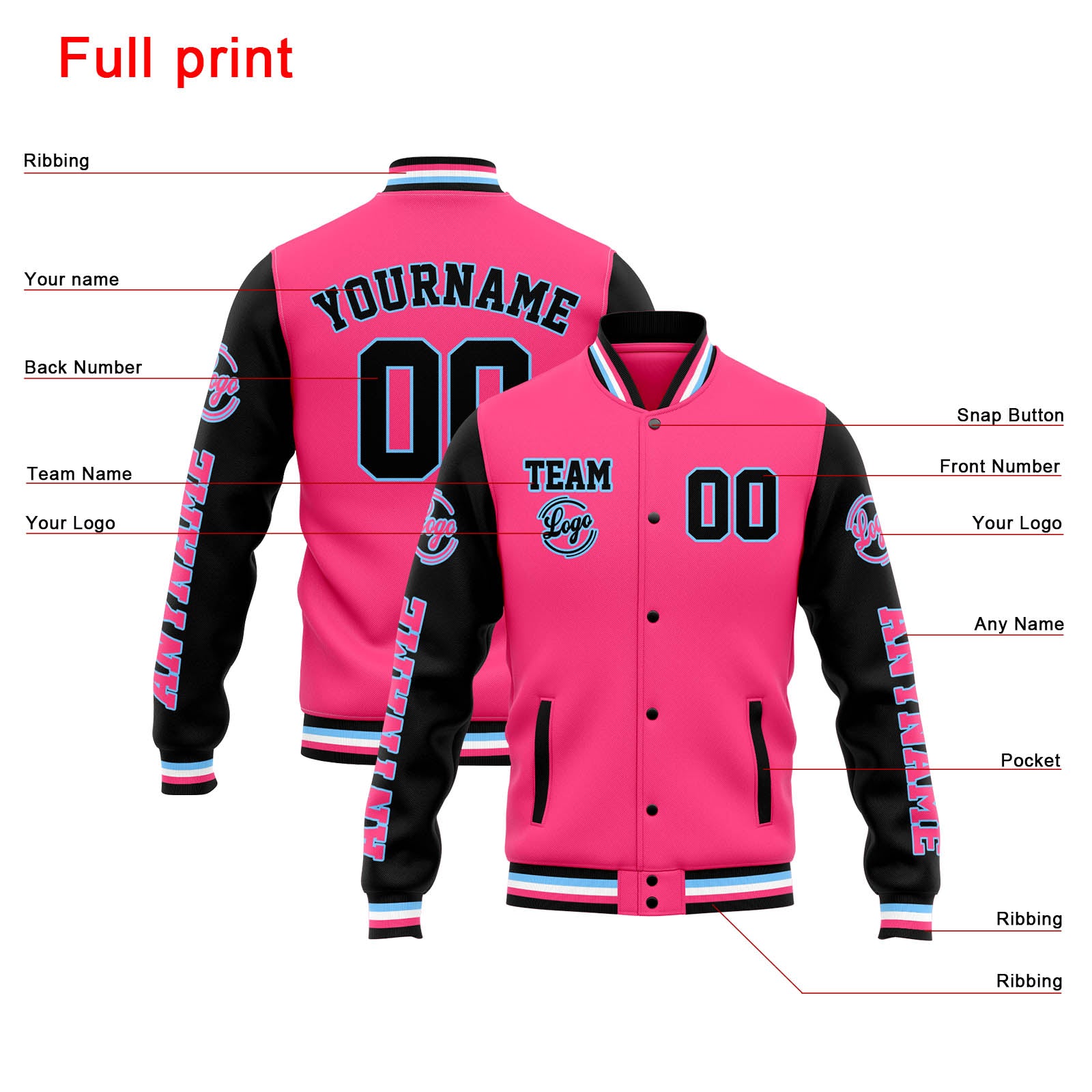 Chaqueta universitaria personalizada estilo Letterman para hombres-mujeres y jóvenes-color rosa y negro