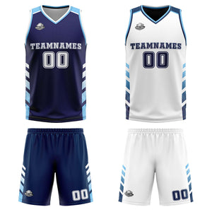Traje de baloncesto reversible personalizado azul marino-blanco y azul claro para adultos y niños