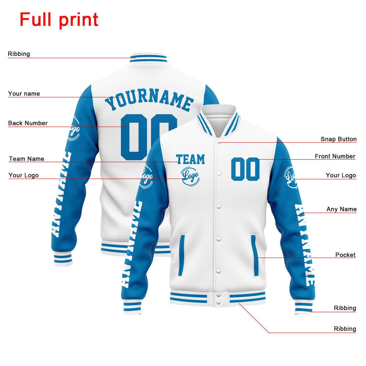 Chaqueta universitaria personalizada estilo Letterman para hombres-mujeres y jóvenes-color blanco y azul