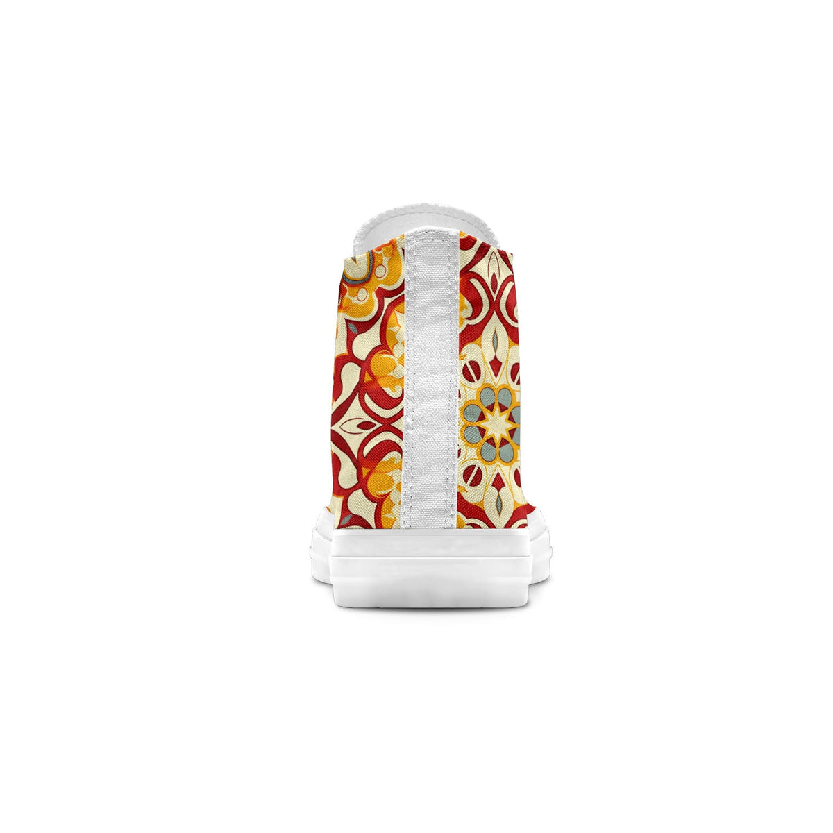 Recorre las calles con un estilo inigualable gracias a nuestras zapatillas de lona de corte medio-que presentan intrincados diseños de inspiración marroquí en una vibrante paleta de rojos-amarillos y verdes