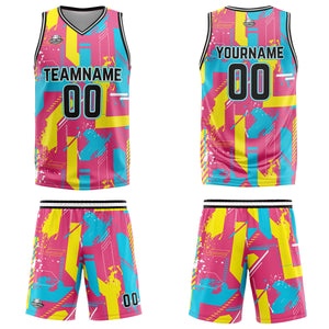 Uniforme de baloncesto rosa y amarillo con diseño geométrico personalizado-estampado con tu logotipo-nombre y número