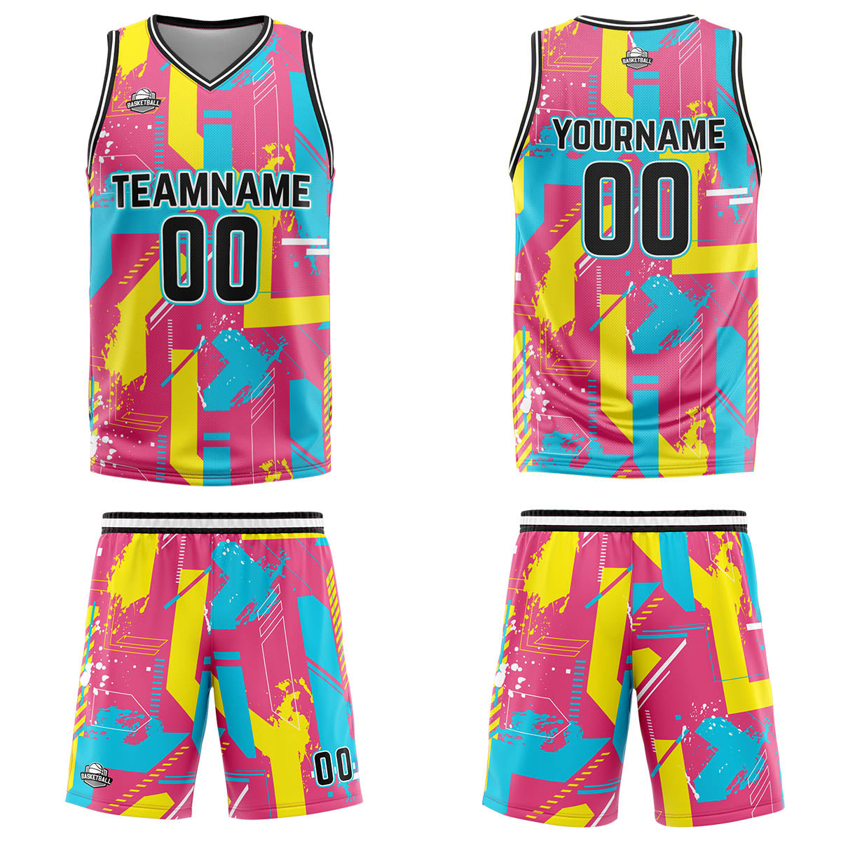 Uniforme de baloncesto rosa y amarillo con diseño geométrico personalizado-estampado con tu logotipo-nombre y número