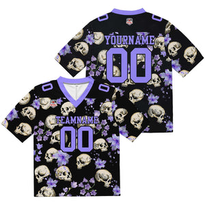 Camiseta de fútbol personalizada con nombre y número del equipo bordados y estampados-calavera morada