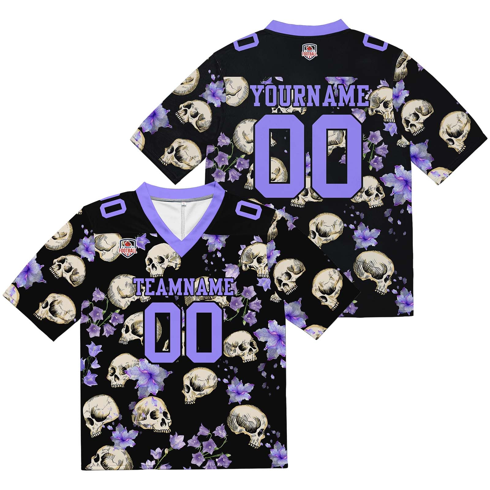 Camiseta de fútbol personalizada con nombre y número del equipo bordados y estampados-calavera morada