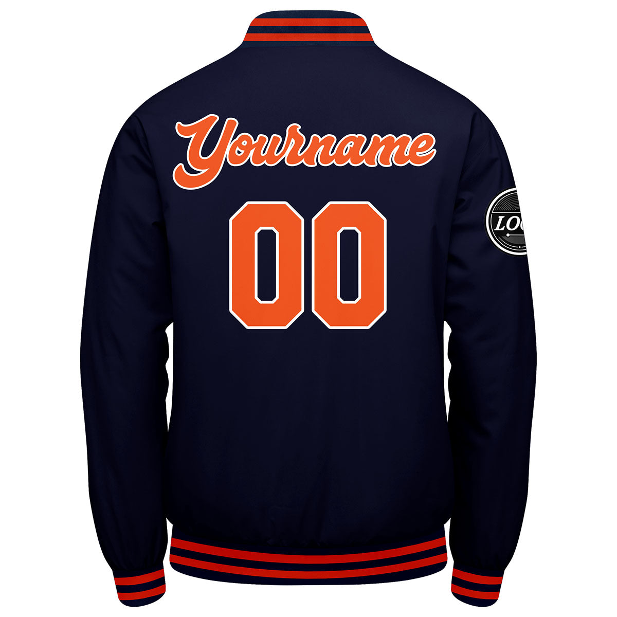 Chaqueta universitaria personalizada estilo Letterman para hombres-mujeres y jóvenes-color azul marino y naranja
