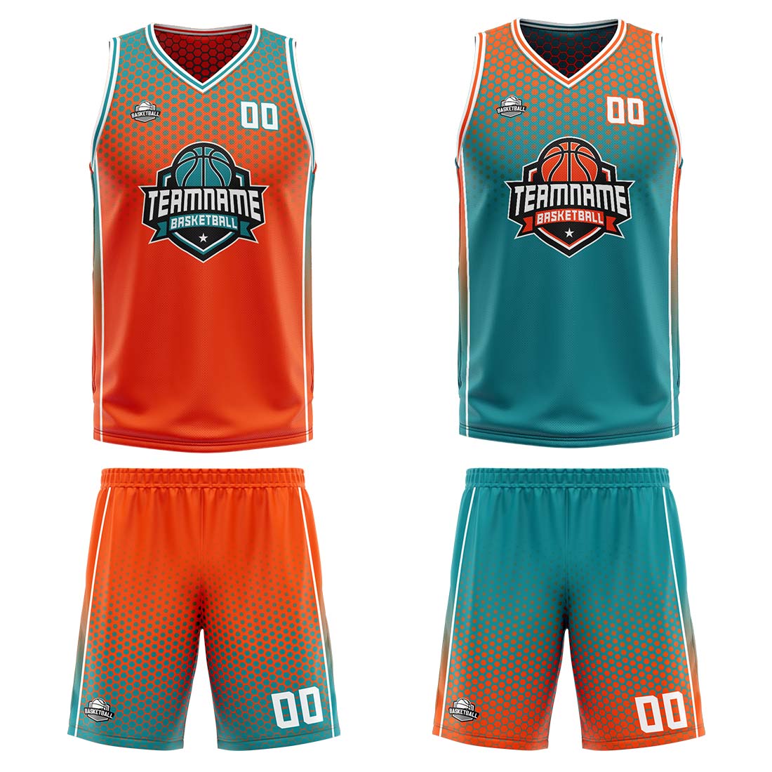 Traje de baloncesto reversible personalizado en naranja-cian y blanco para adultos y niños