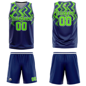 Uniforme de baloncesto personalizado azul marino verde neón con tu logotipo-nombre y número impresos