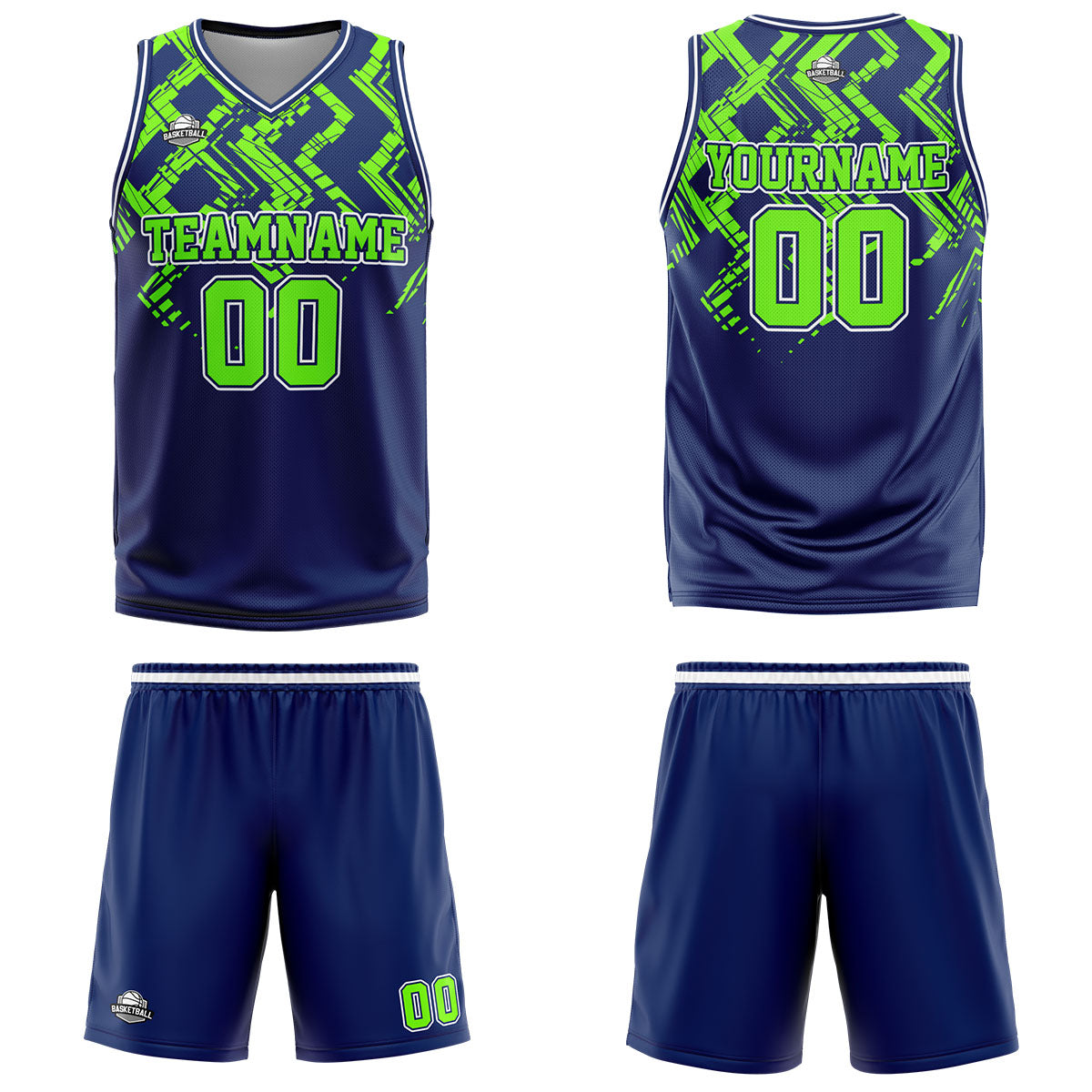 Uniforme de baloncesto personalizado azul marino verde neón con tu logotipo-nombre y número impresos