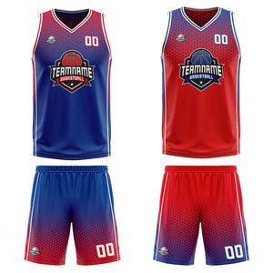 Traje de baloncesto reversible azul y rojo personalizado para adultos y niños