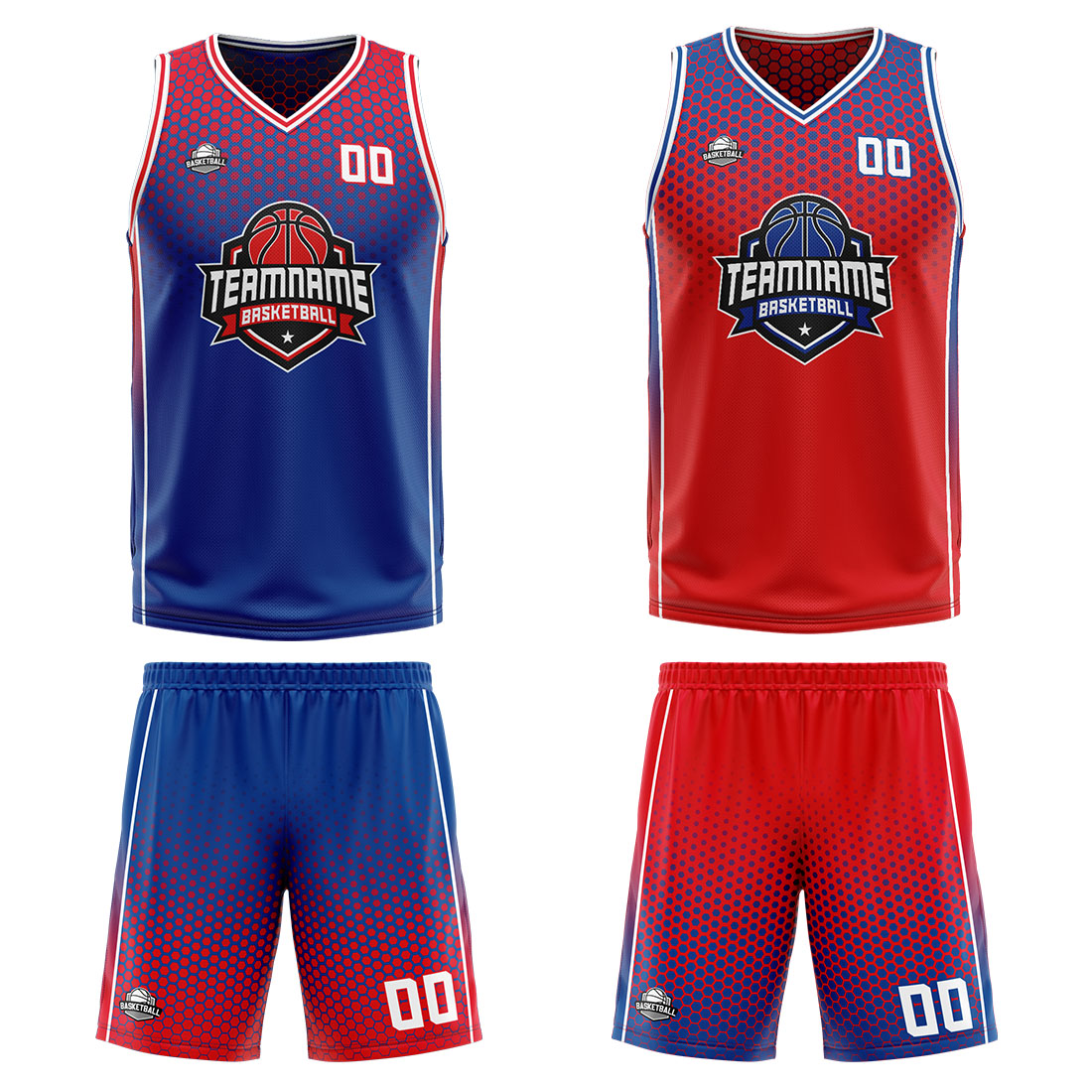 Traje de baloncesto reversible azul y rojo personalizado para adultos y niños