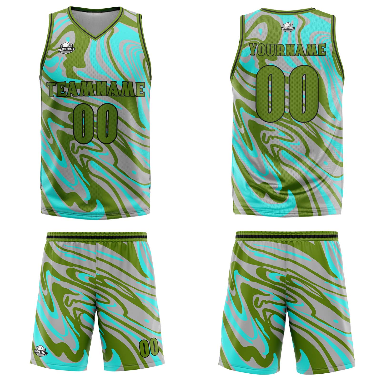 Uniforme de baloncesto personalizado en verde y gris fluido con tu logotipo-nombre y número impresos