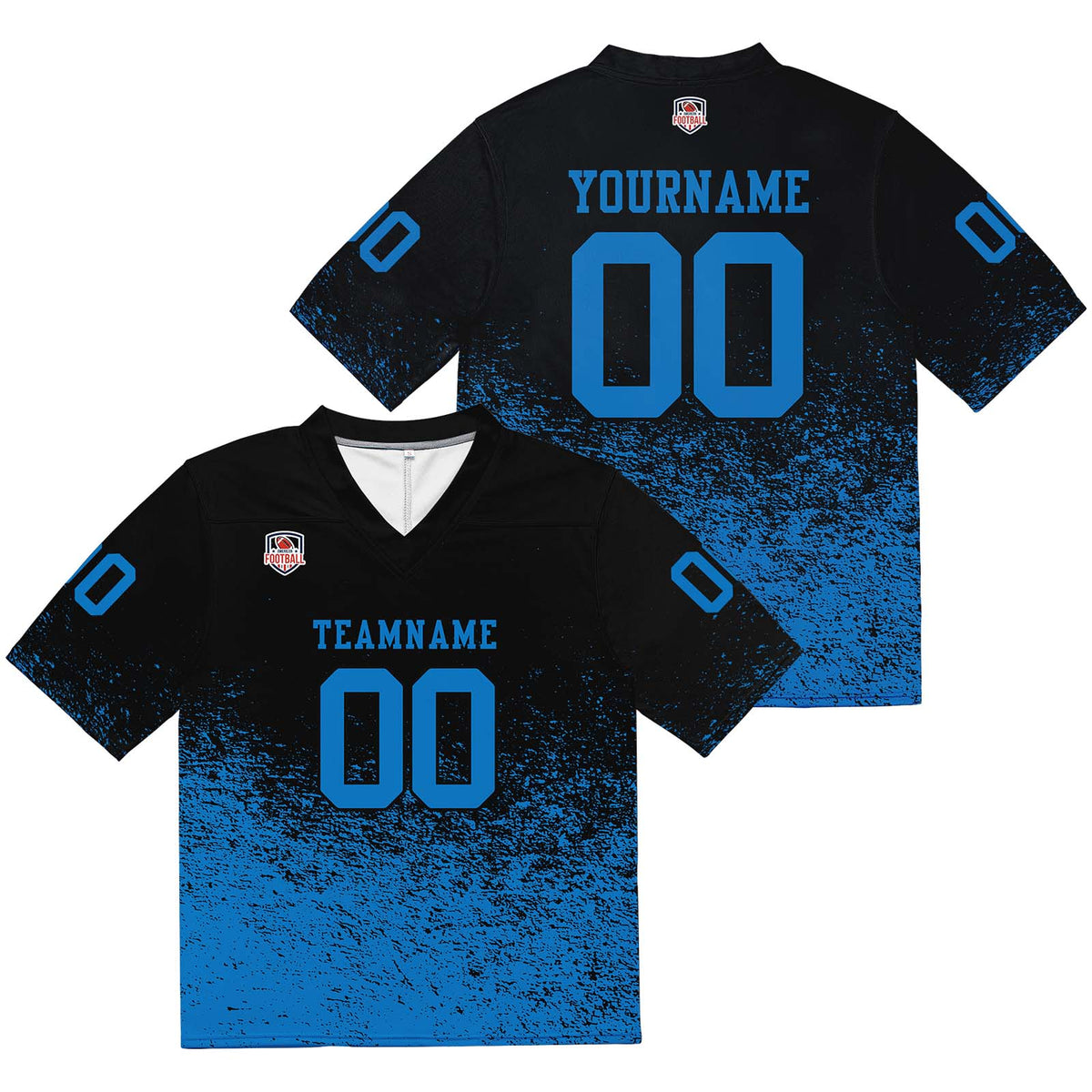 Camiseta de fútbol personalizada con nombre y número del equipo impresos y bordados-color negro y azul
