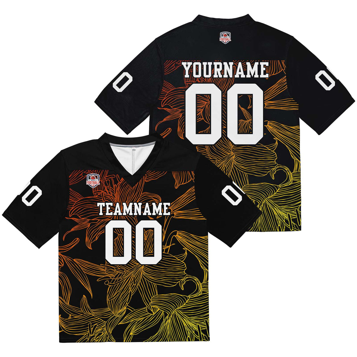 Camiseta de fútbol personalizada con nombre y número del equipo bordados y estampados en degradado naranja y amarillo