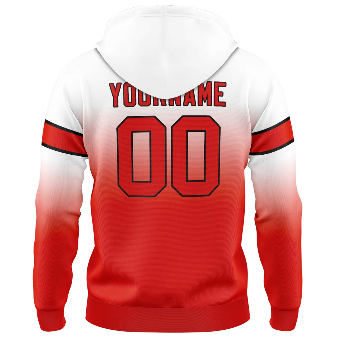 Sudadera con capucha degradada personalizada para hombre-mujer-niña o niño Estampa tu logotipo-nombre y número en blanco y rojo