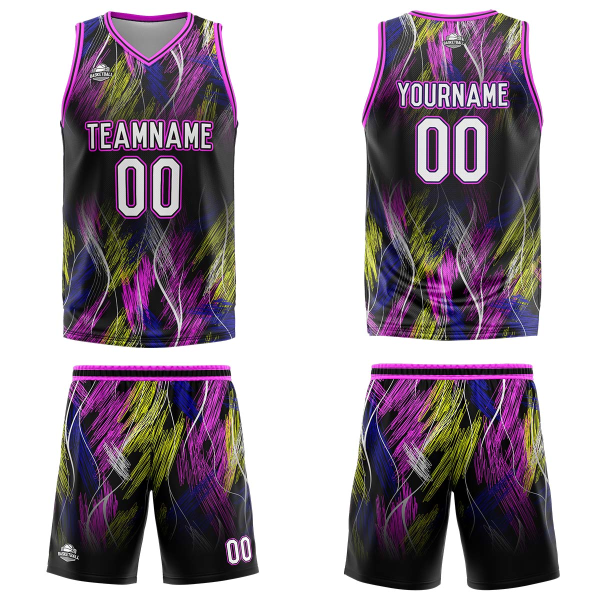 Uniforme de baloncesto personalizado en negro y rosa con tu logotipo-nombre y número impresos