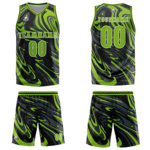 Uniforme de baloncesto personalizado en verde fluido y negro con tu logotipo-nombre y número impresos