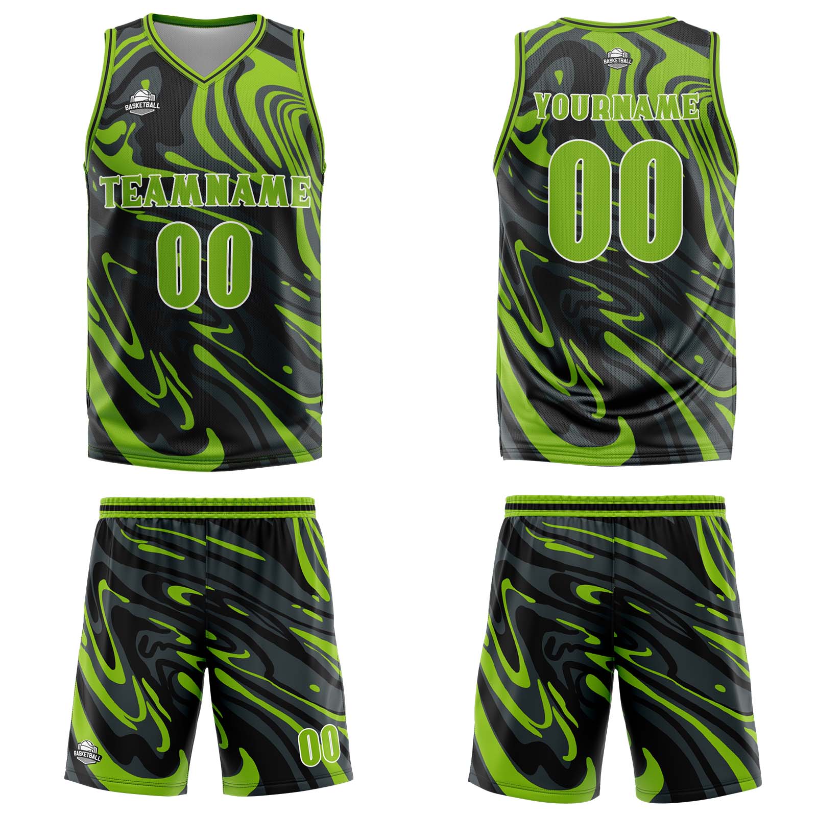 Uniforme de baloncesto personalizado en verde fluido y negro con tu logotipo-nombre y número impresos