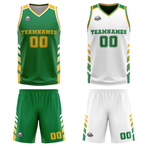 Traje de baloncesto reversible personalizado verde-blanco y amarillo para adultos y niños
