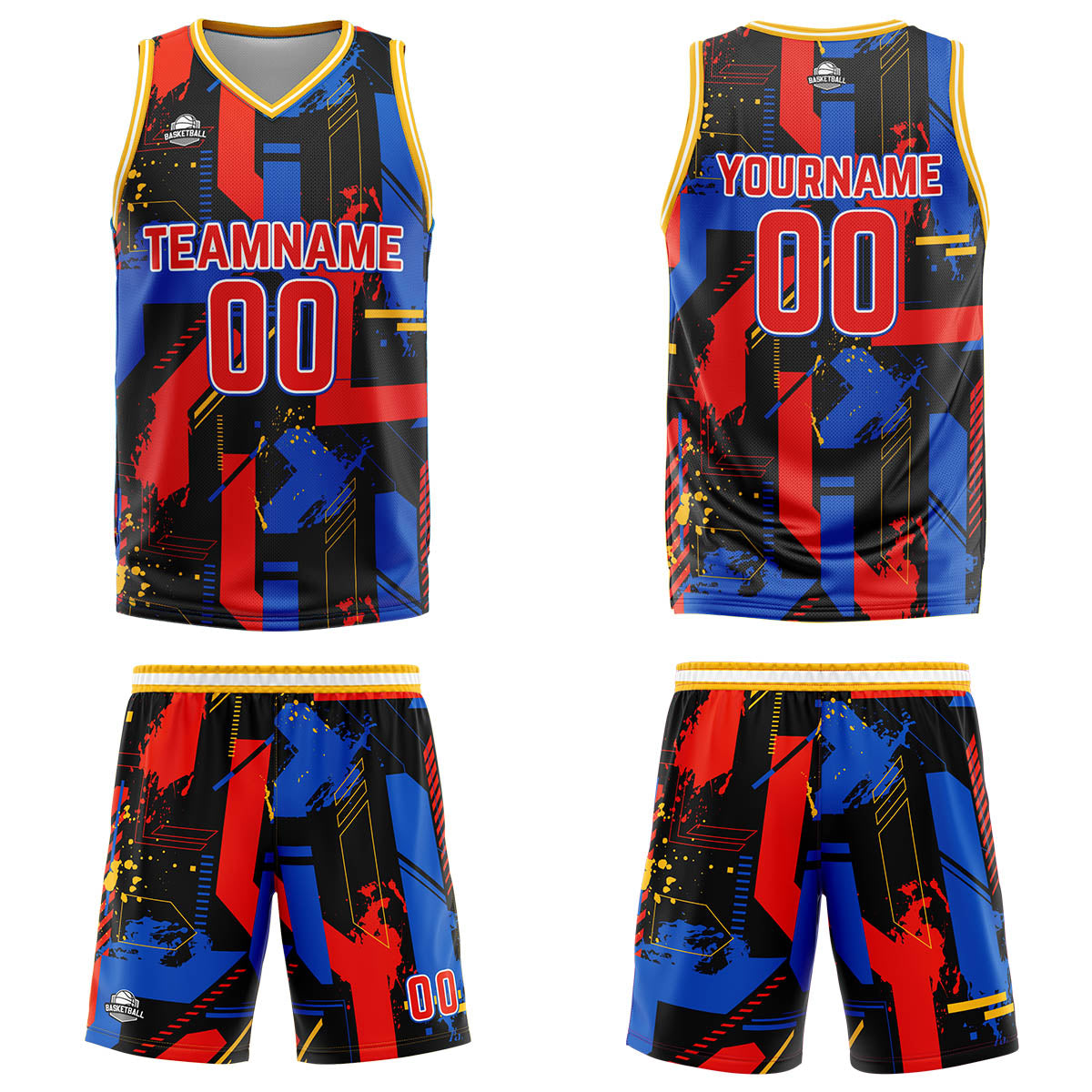 Uniforme de baloncesto rojo royal con geometría personalizada-estampado con tu logotipo-nombre y número