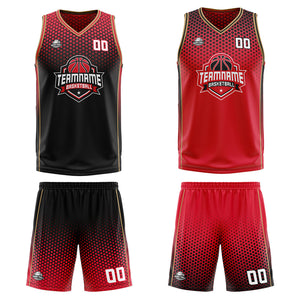 Traje de baloncesto reversible negro-rojo y dorado personalizado para adultos y niños