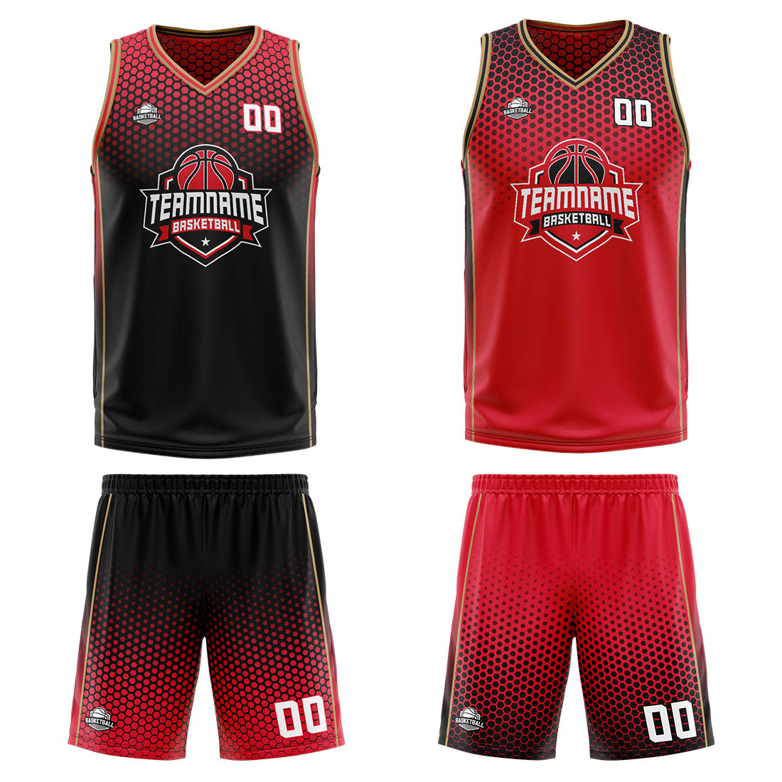 Traje de baloncesto reversible negro-rojo y dorado personalizado para adultos y niños