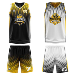 Traje de baloncesto reversible personalizado en negro-amarillo y blanco para adultos y niños