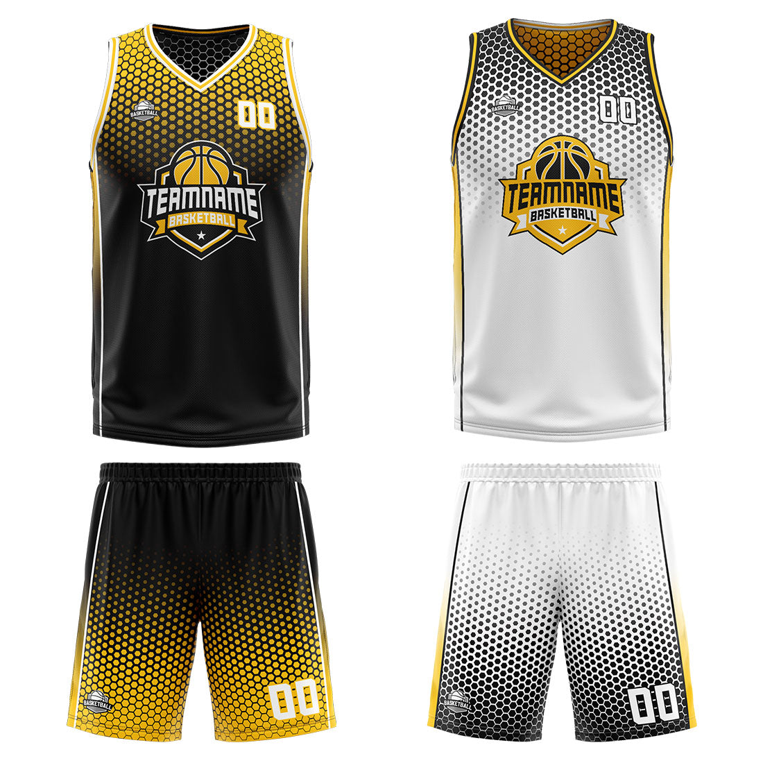 Traje de baloncesto reversible personalizado en negro-amarillo y blanco para adultos y niños