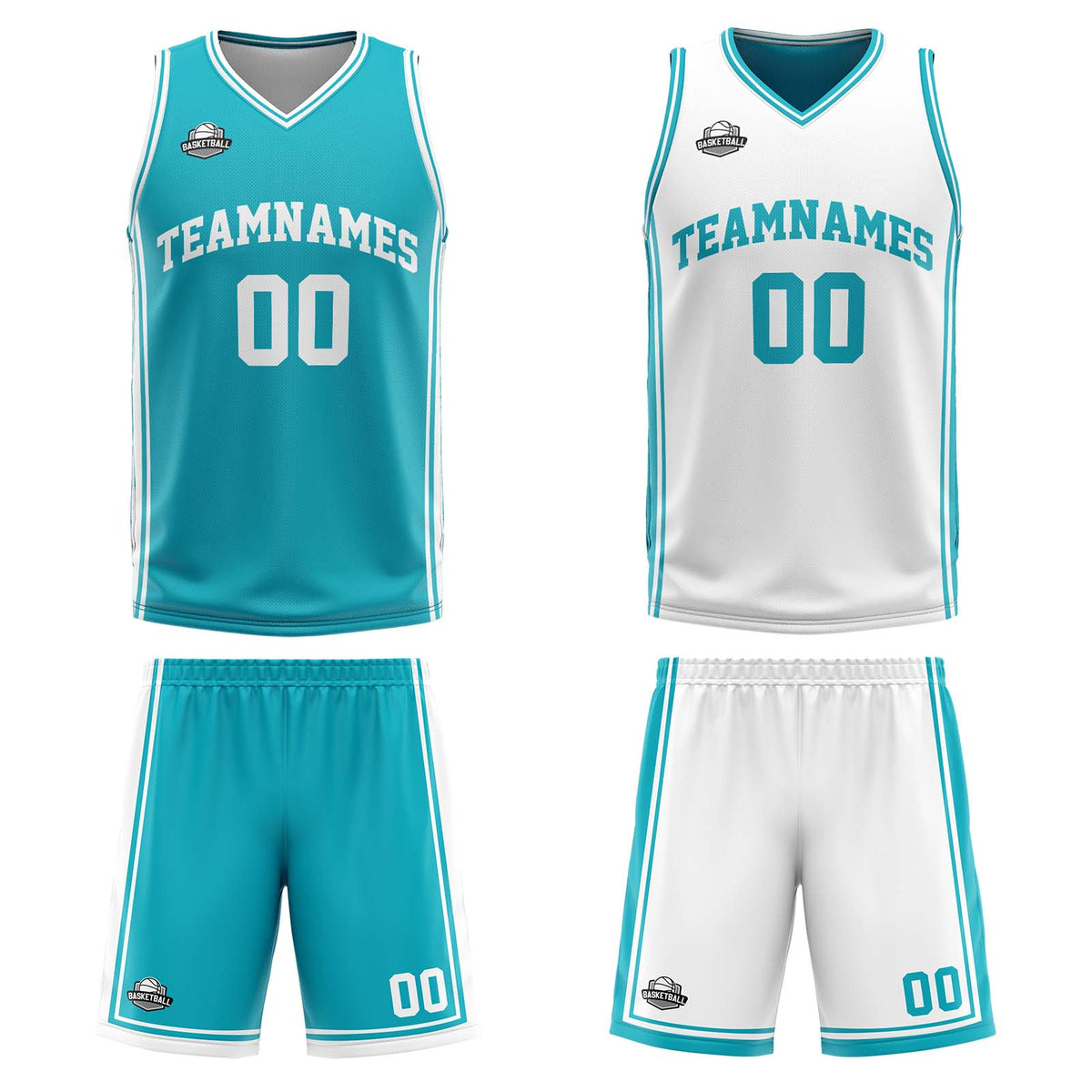 Traje de baloncesto reversible personalizado en cian y blanco para adultos y niños