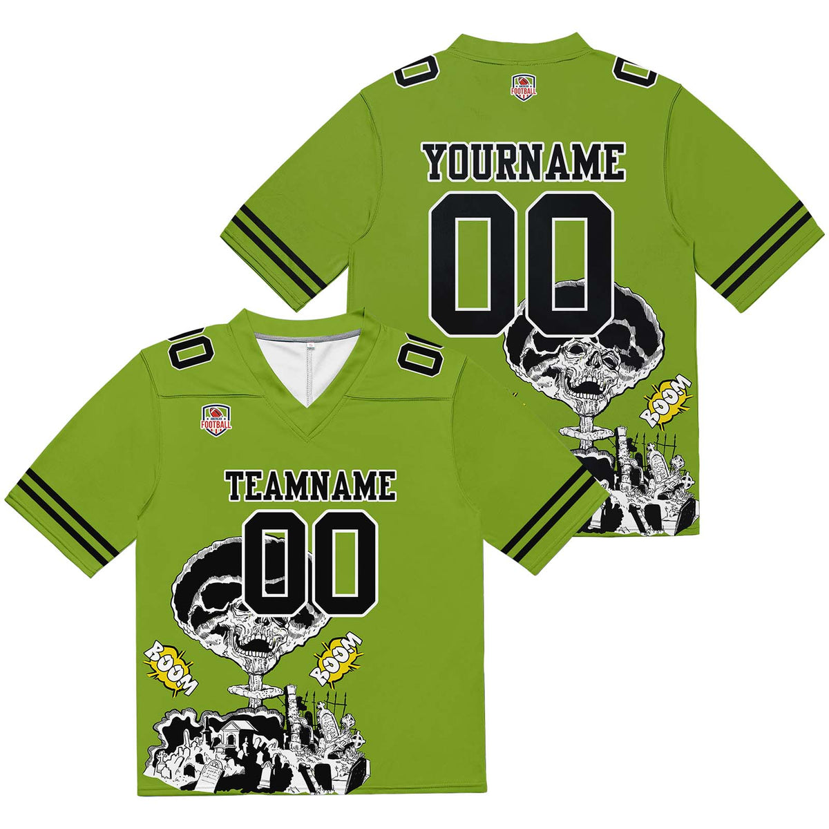 Camiseta de fútbol personalizada con nombre y número del equipo bordados y estampados en color verde hierba