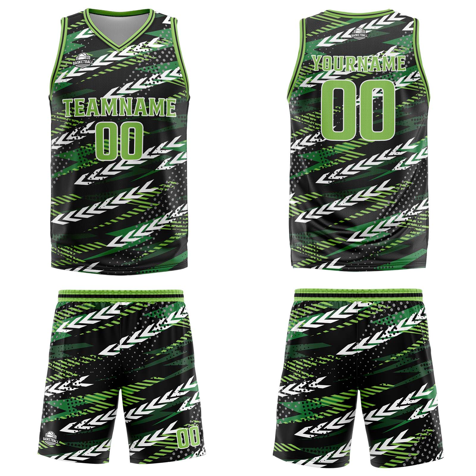 Uniforme de baloncesto personalizado en negro y verde con tu logotipo-nombre y número impresos