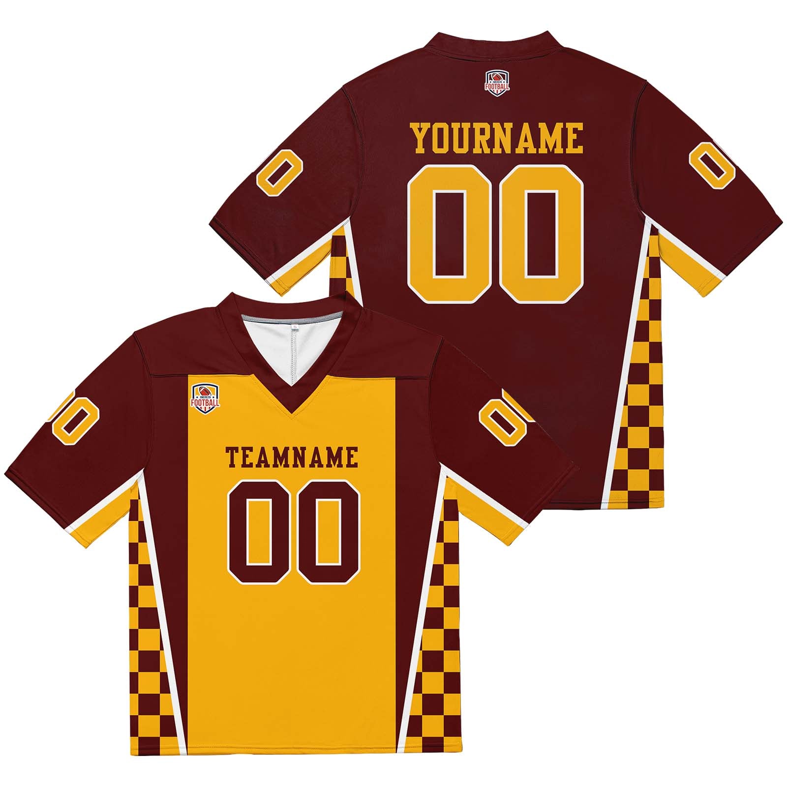 Camiseta de fútbol personalizada con nombre y número del equipo bordados-color burdeos y amarillo