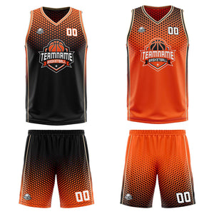 Traje de baloncesto reversible personalizado en negro-naranja y crema para adultos y niños
