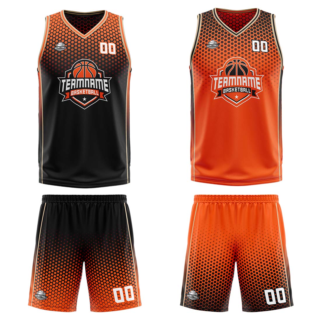 Traje de baloncesto reversible personalizado en negro-naranja y crema para adultos y niños