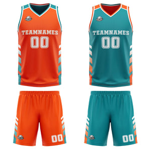Traje de baloncesto reversible personalizado en naranja-turquesa y blanco para adultos y niños