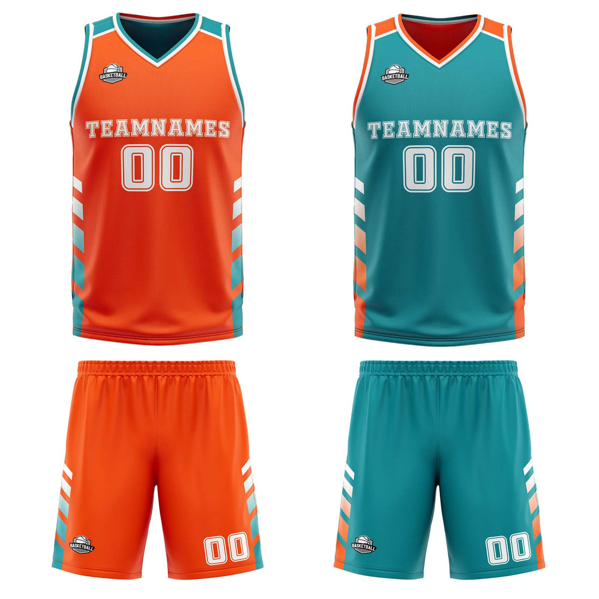 Traje de baloncesto reversible personalizado en naranja-turquesa y blanco para adultos y niños